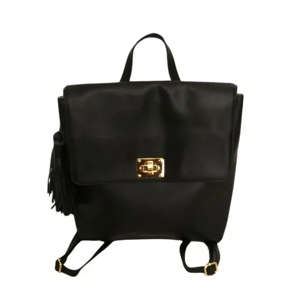 JOY & IMAN TASSEL CHIC RFID BLACK LEATHER BACKPACK - Picture 3 of 7